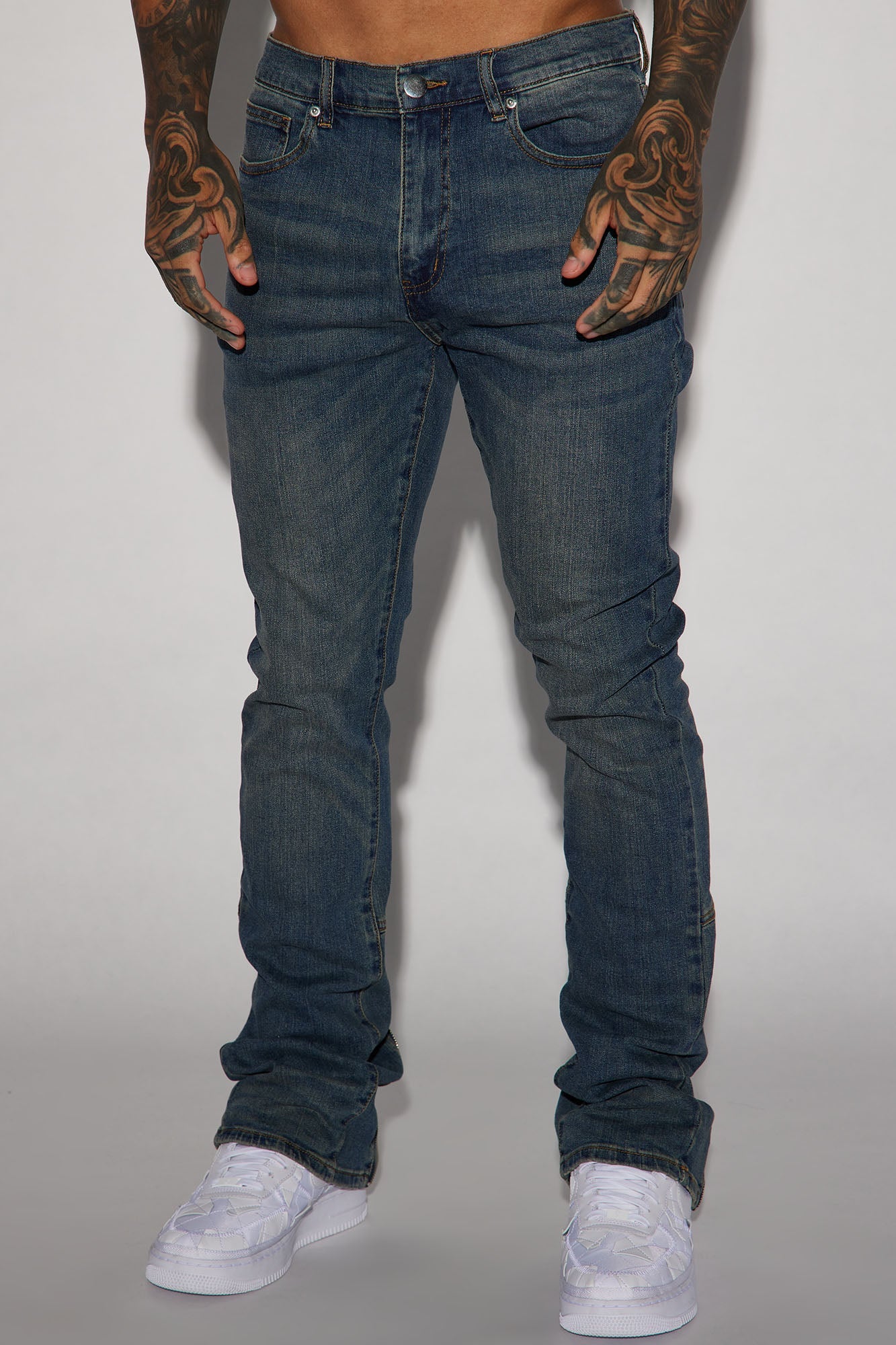 Drop Top Back Zip Stacked Skinny Jeans - Vintage Blue Wash