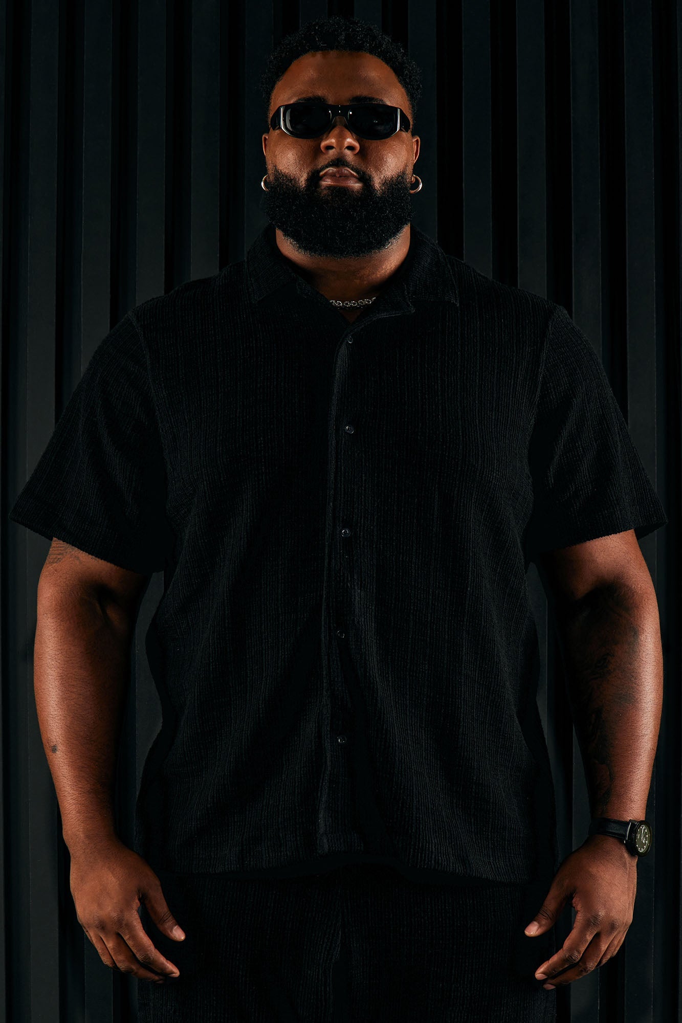 Dean Textured Short Sleeve Button Up Shirt - Black