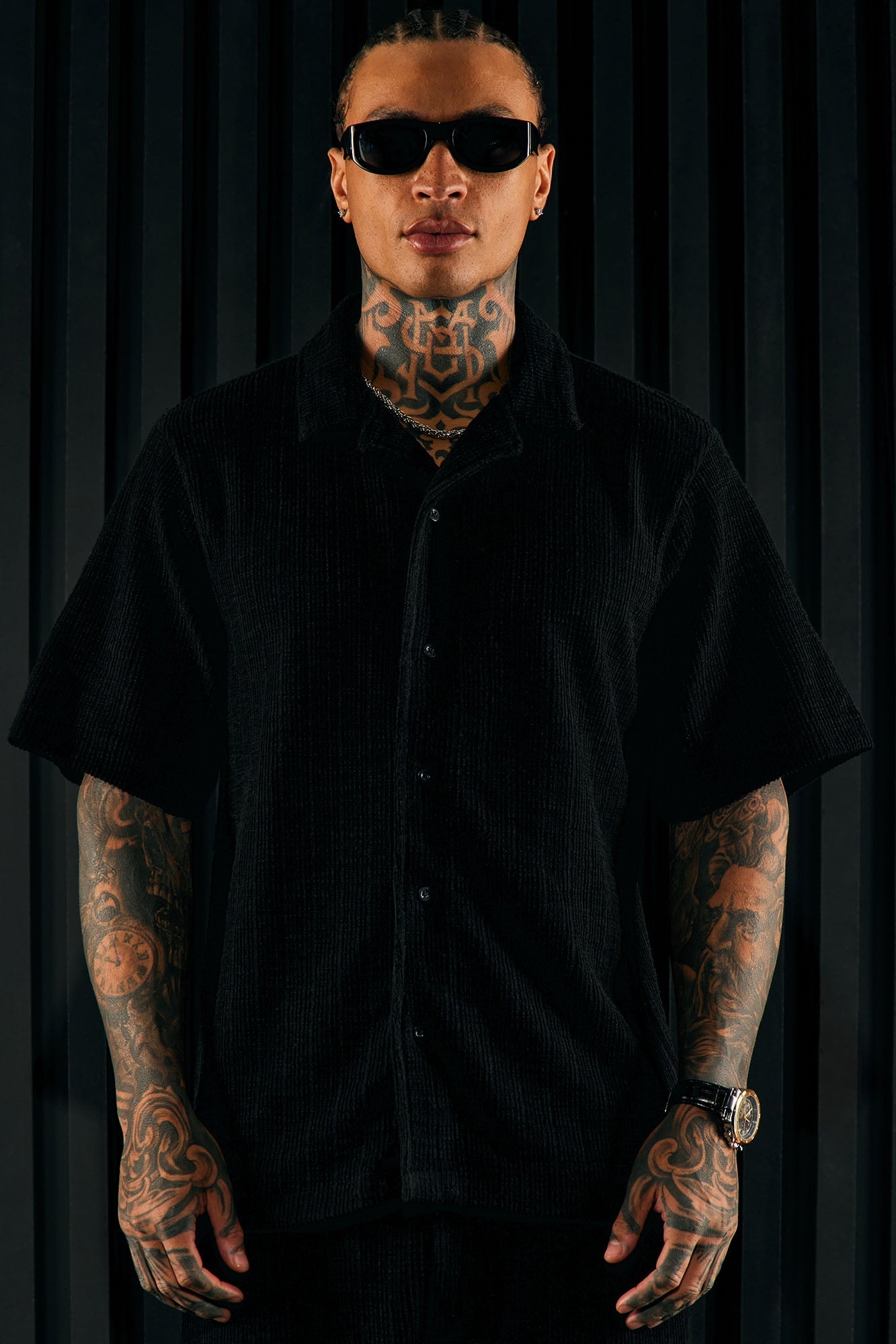 Dean Textured Short Sleeve Button Up Shirt - Black