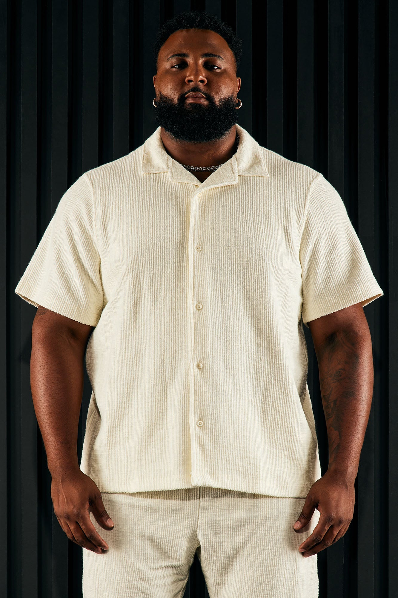 Dean Textured Short Sleeve Button Up Shirt - Cream