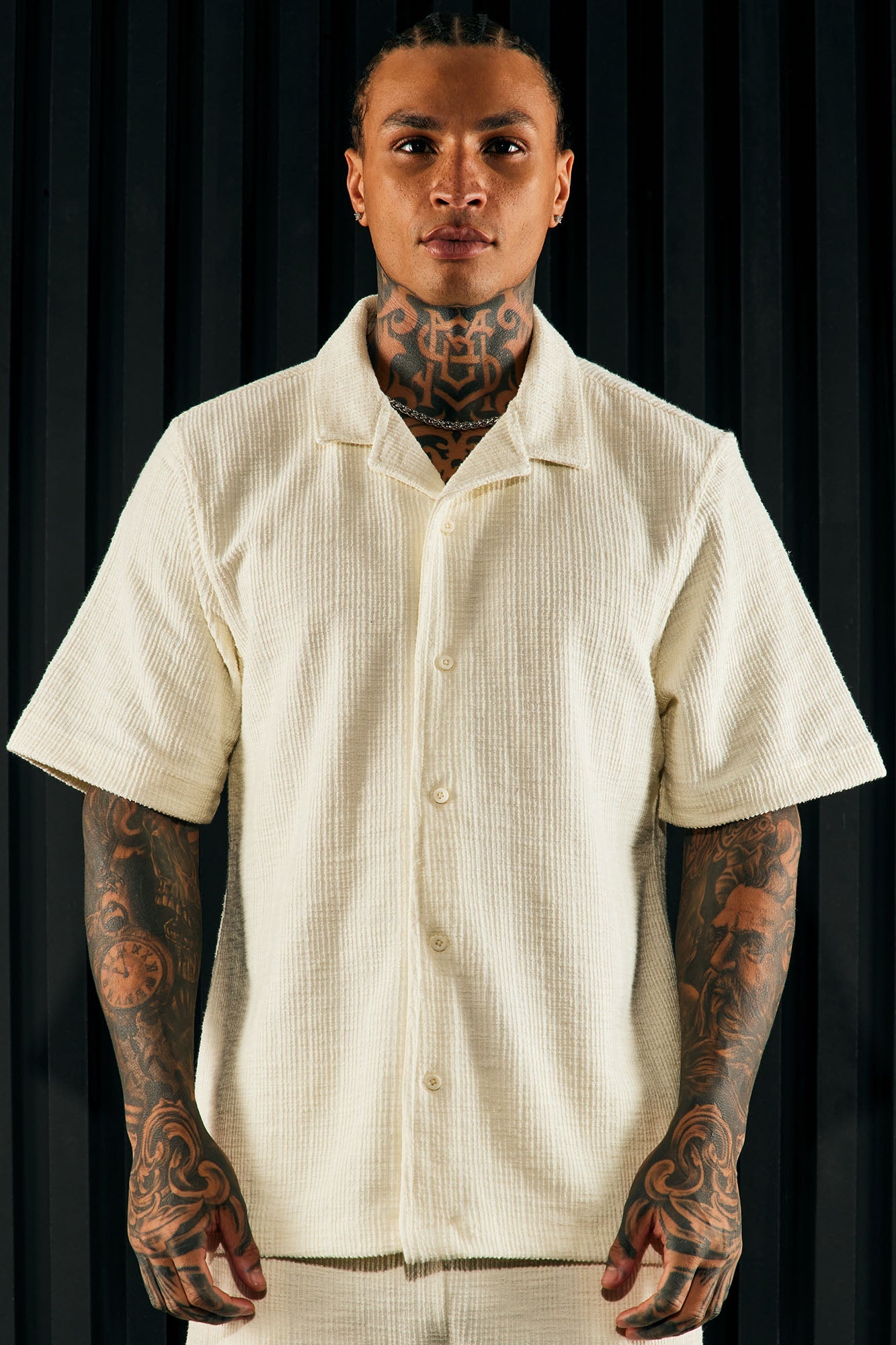 Dean Textured Short Sleeve Button Up Shirt - Cream
