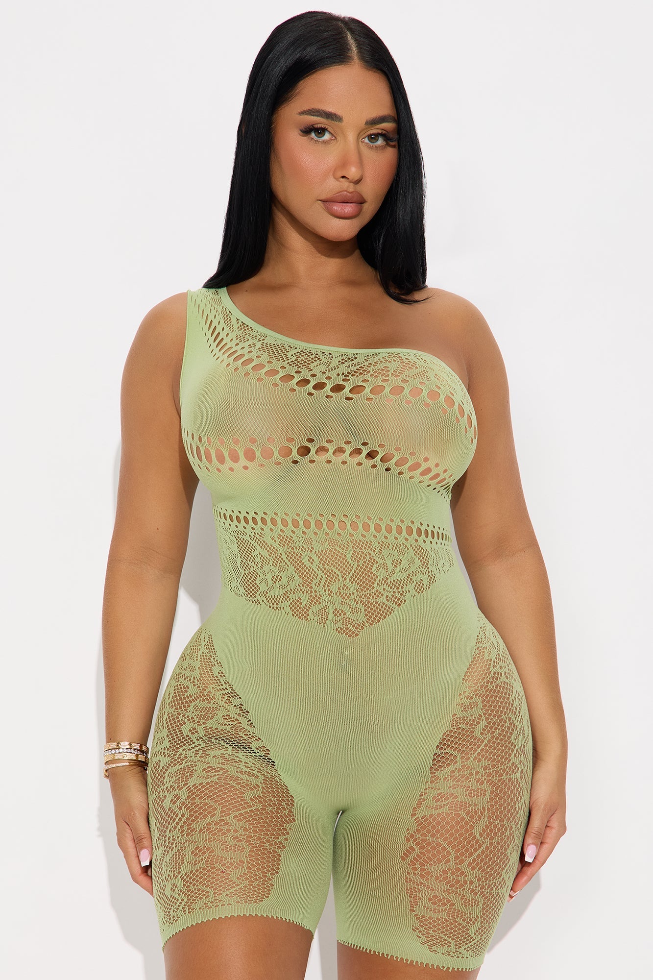 Just One Night One Shoulder Fishnet Romper Bodystocking - Lime