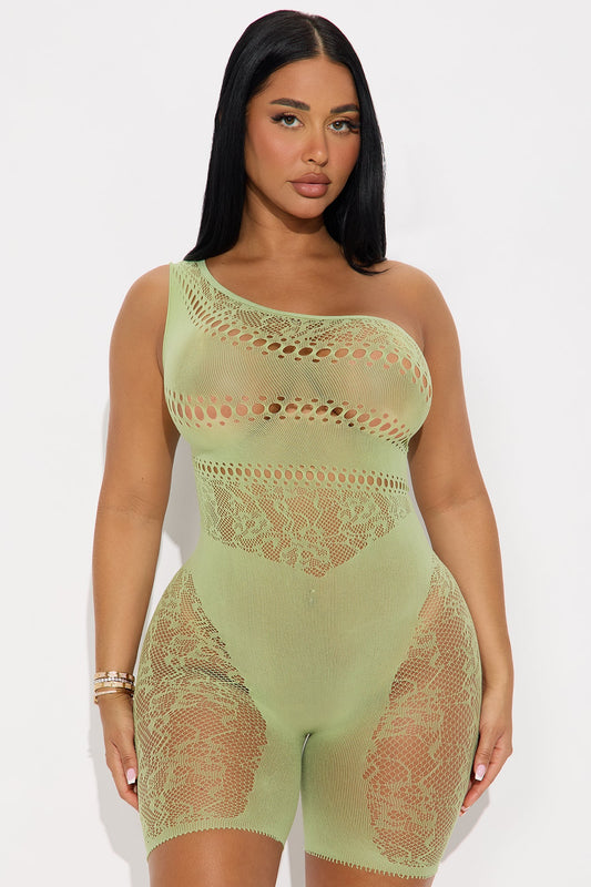 Just One Night One Shoulder Fishnet Romper Bodystocking - Lime