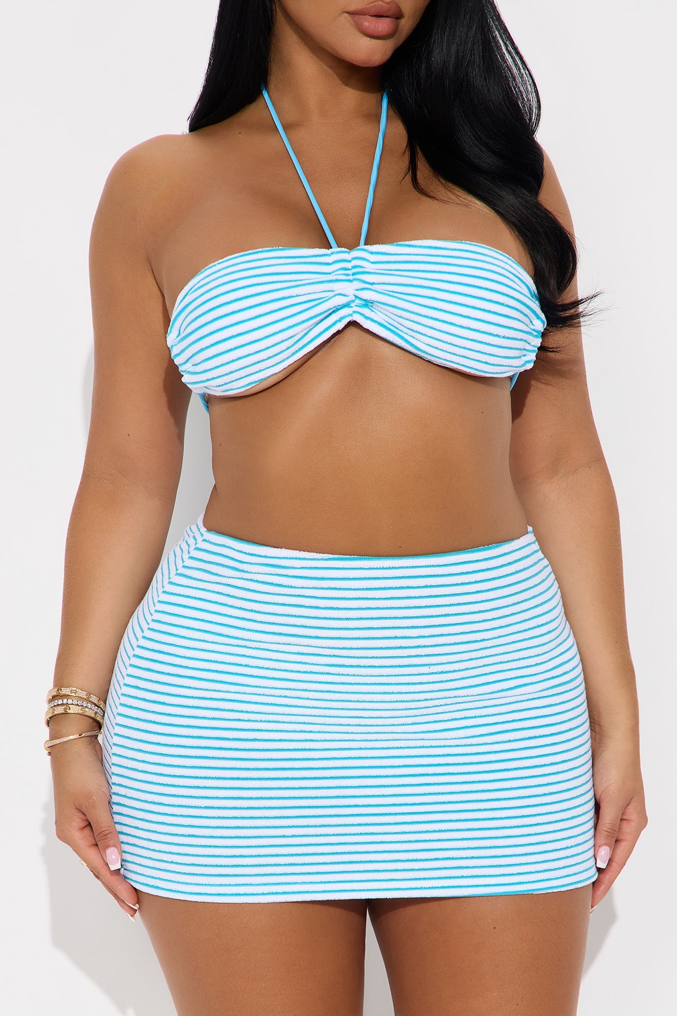 Johanna Stripe Terry 3 Piece Bikini & Skirt Set - Blue/combo