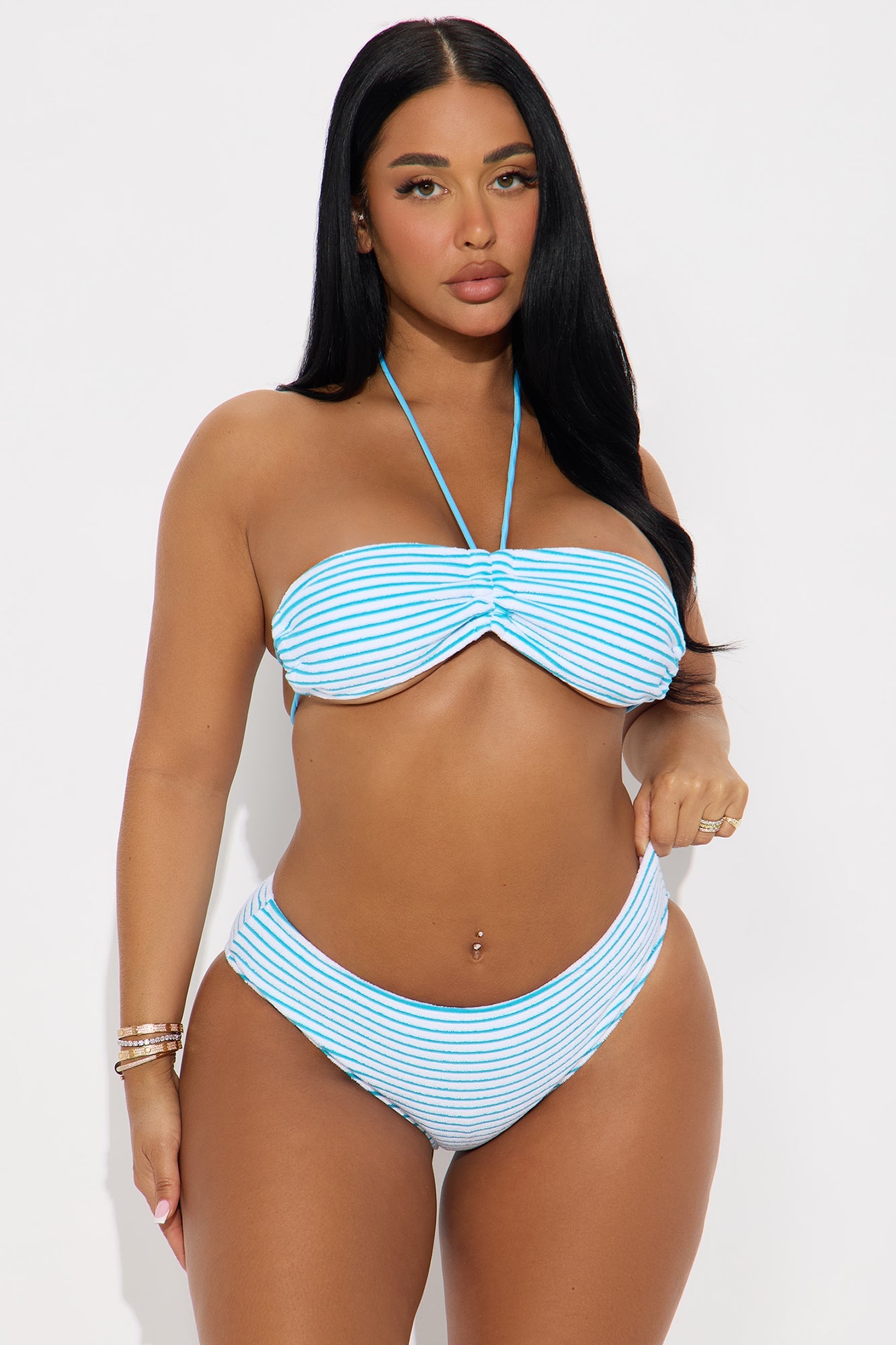 Johanna Stripe Terry 3 Piece Bikini & Skirt Set - Blue/combo