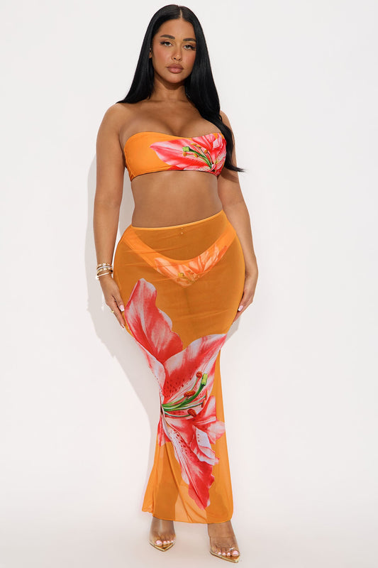 Kiana Flower Bandeau 3 Piece Bikini Maxi & Skirt Set - Orange/combo