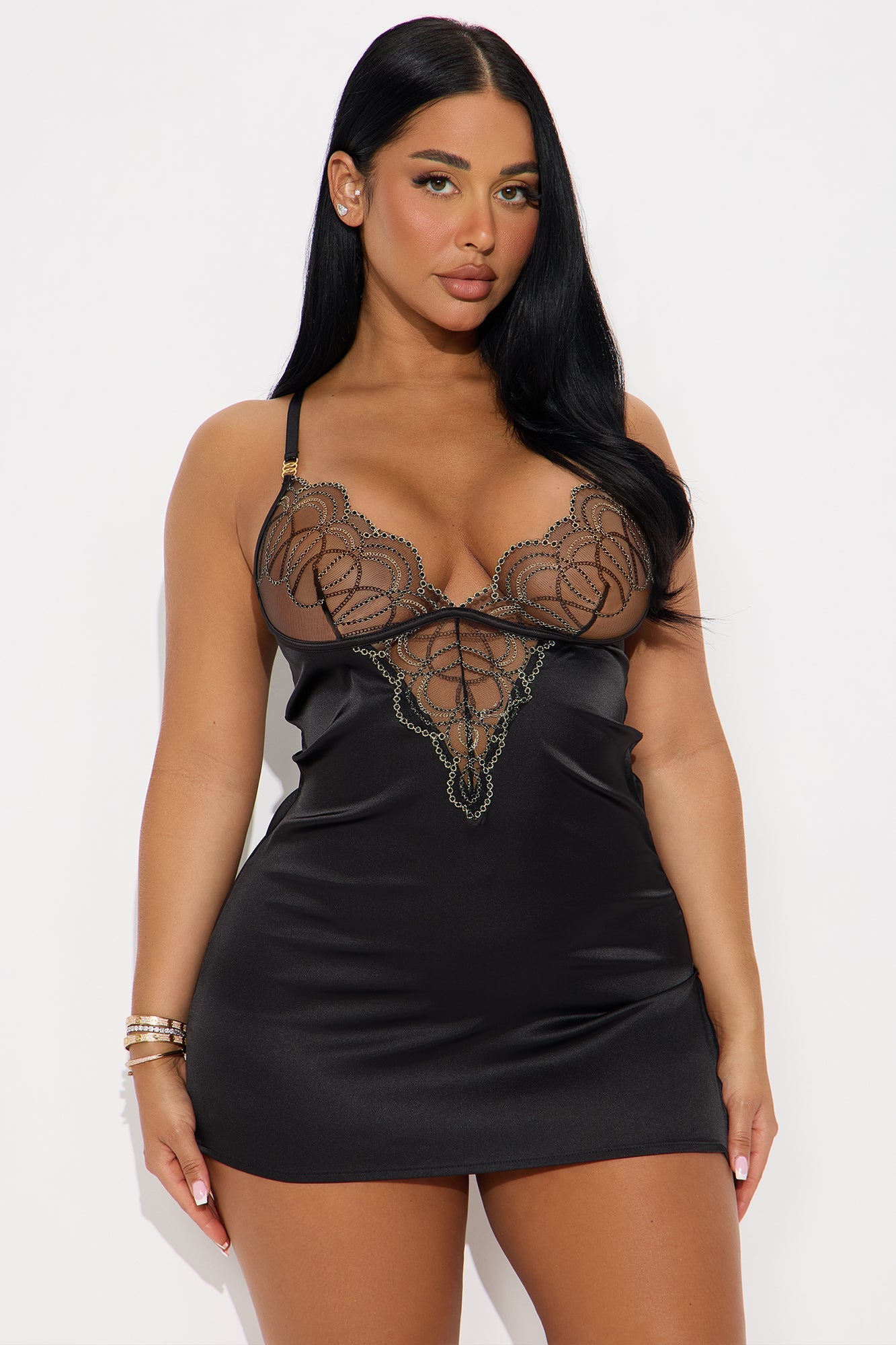 Peek A Lace Satin Embroidered Lace Babydoll - Gold/Black