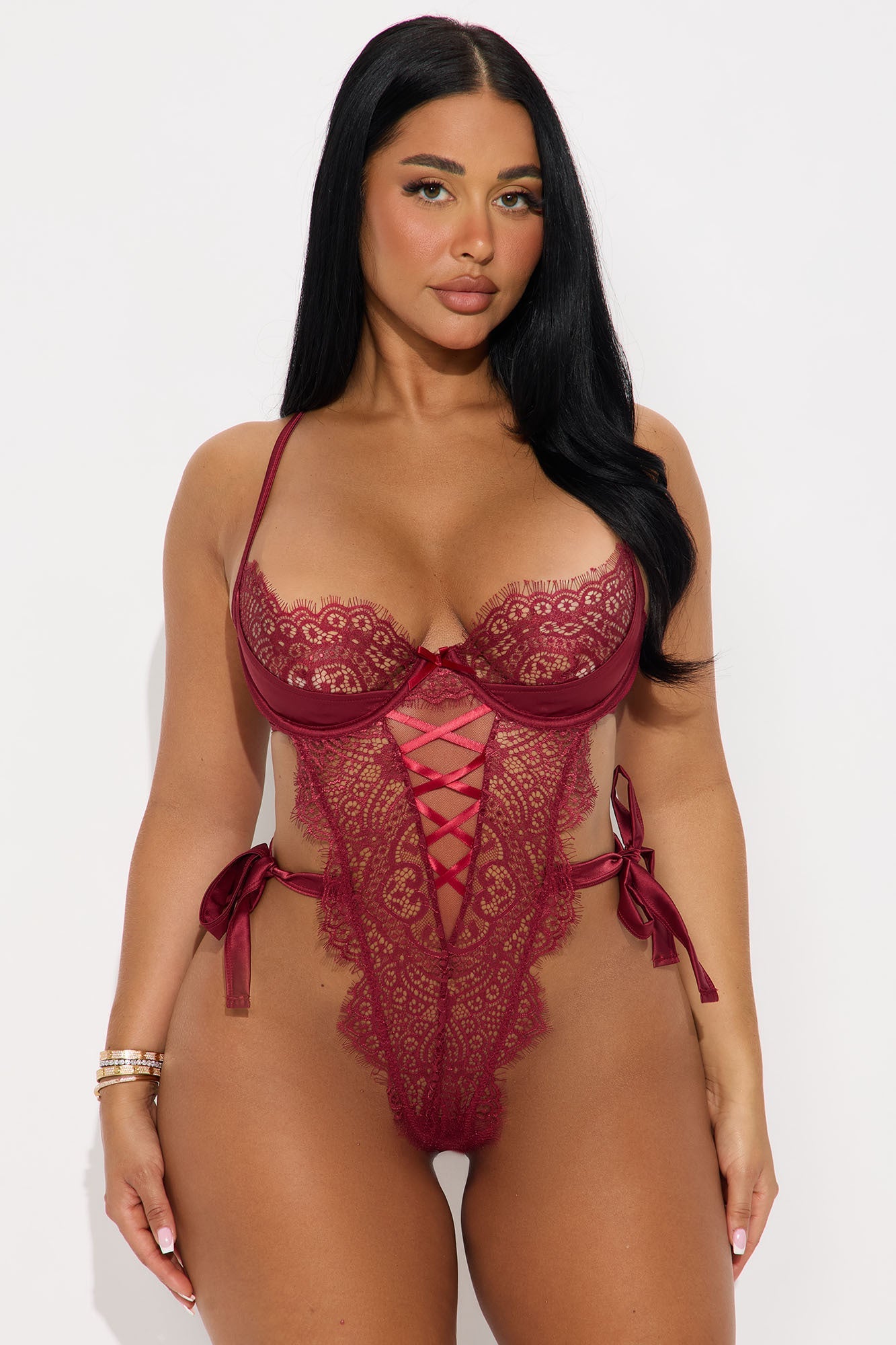 High Expectations Ribbon Tie Lace Crotchless Teddy - Wine