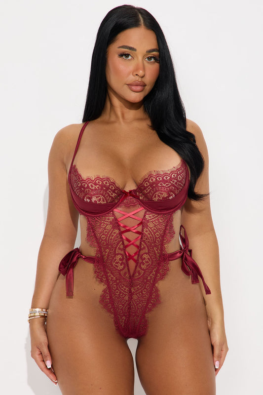 High Expectations Ribbon Tie Lace Crotchless Teddy - Wine