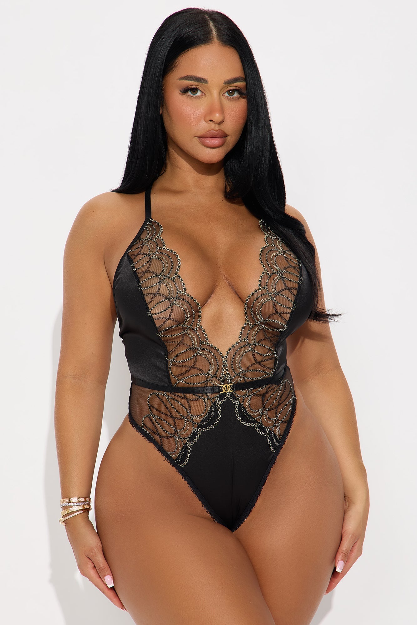 Barely Laced Satin Embroidered Lace Teddy - Black