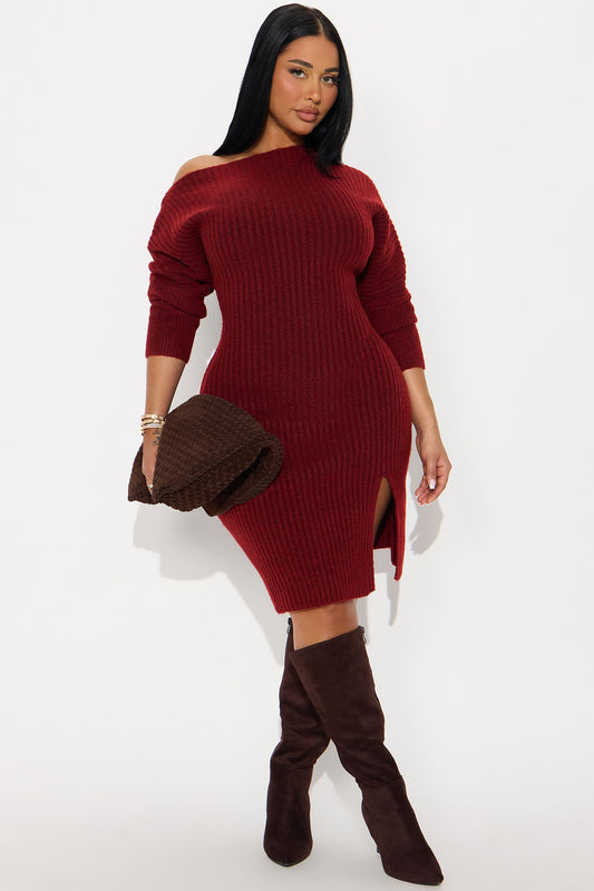 Autumn Leaves One Shoulder Sweater Midi Dress - Burgundy