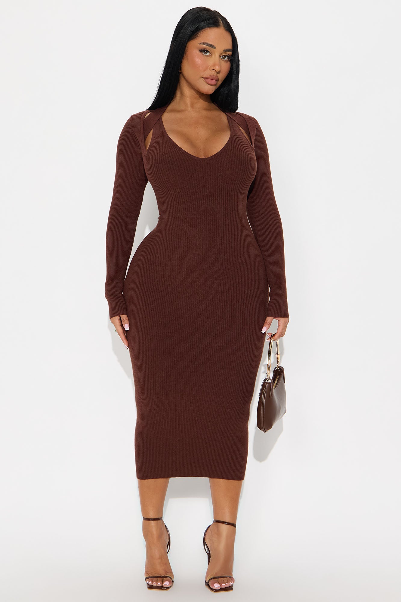 Callie Cold Shoulder Ribbed Midi Dress - Chocolate