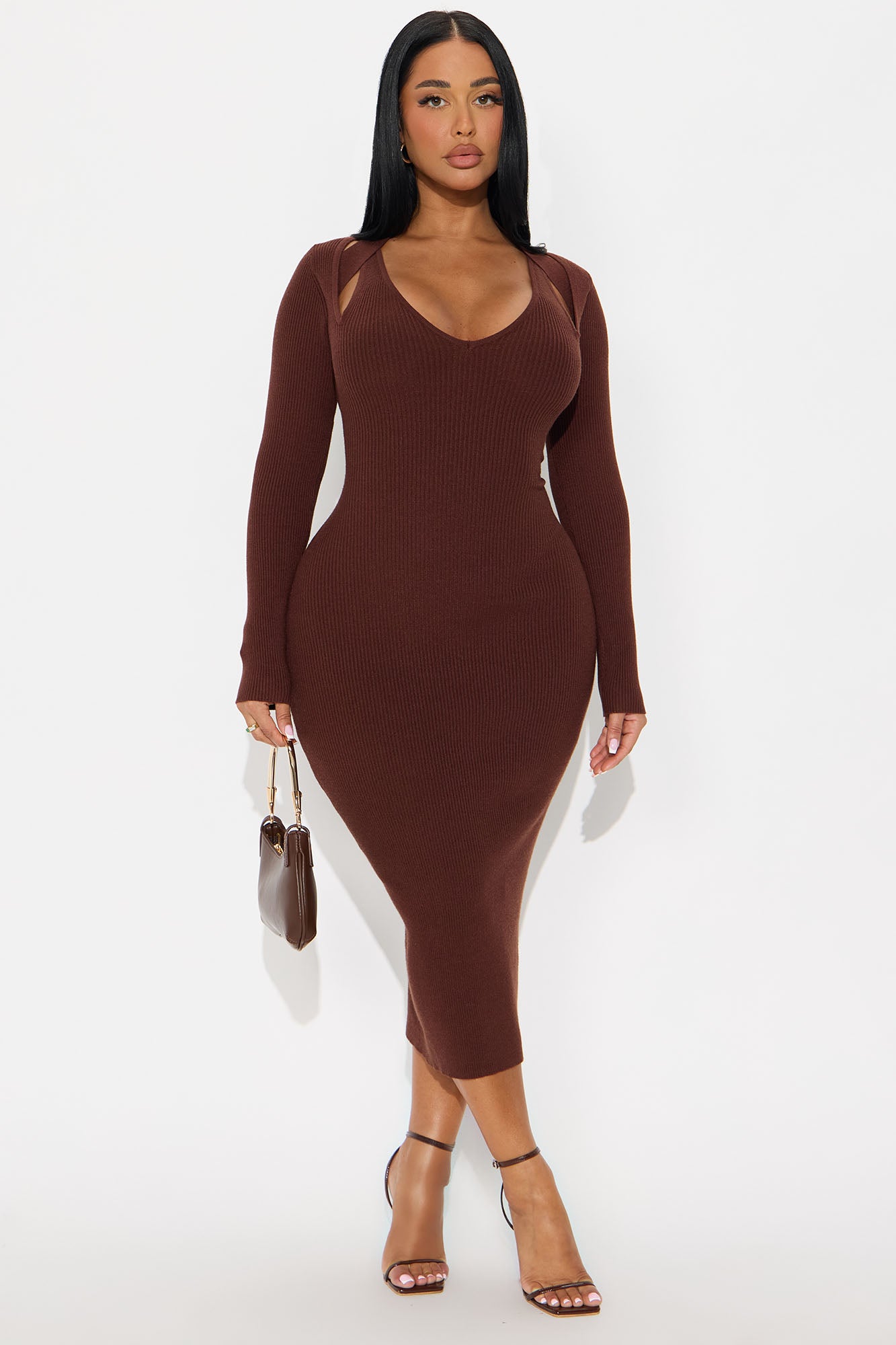 Callie Cold Shoulder Ribbed Midi Dress - Chocolate