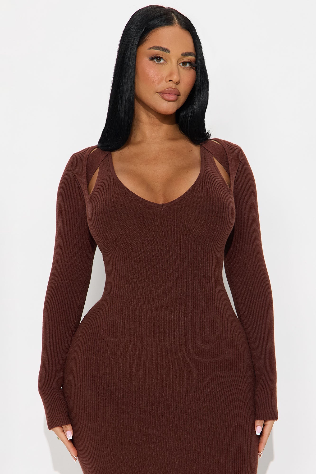 Callie Cold Shoulder Ribbed Midi Dress - Chocolate