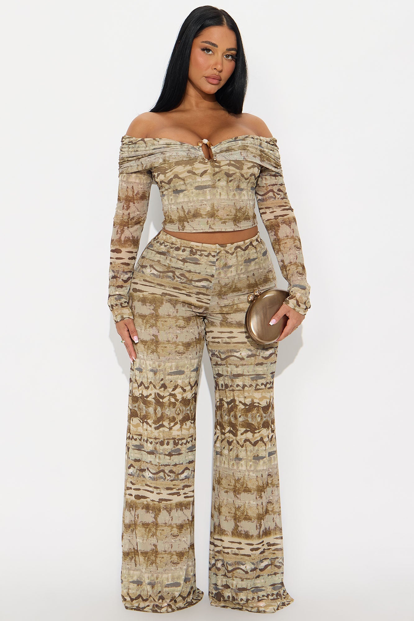 Jess Off Shoulder Pant Set - Olive/combo