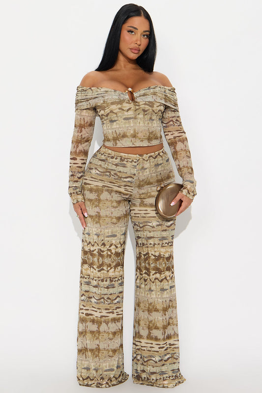 Jess Off Shoulder Pant Set - Olive/combo