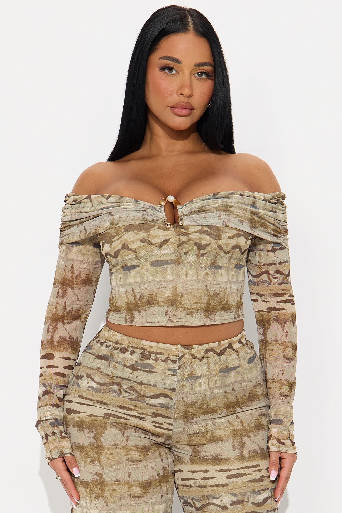 Jess Off Shoulder Pant Set - Olive/combo