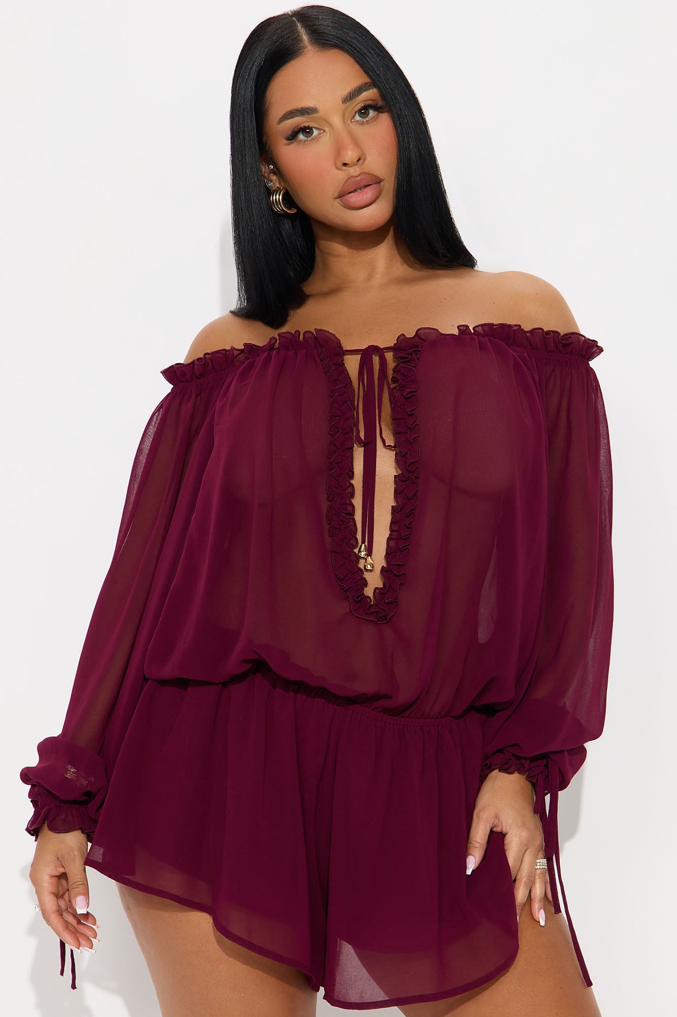 Queen of Hearts Chiffon Long Sleeve Romper - Wine