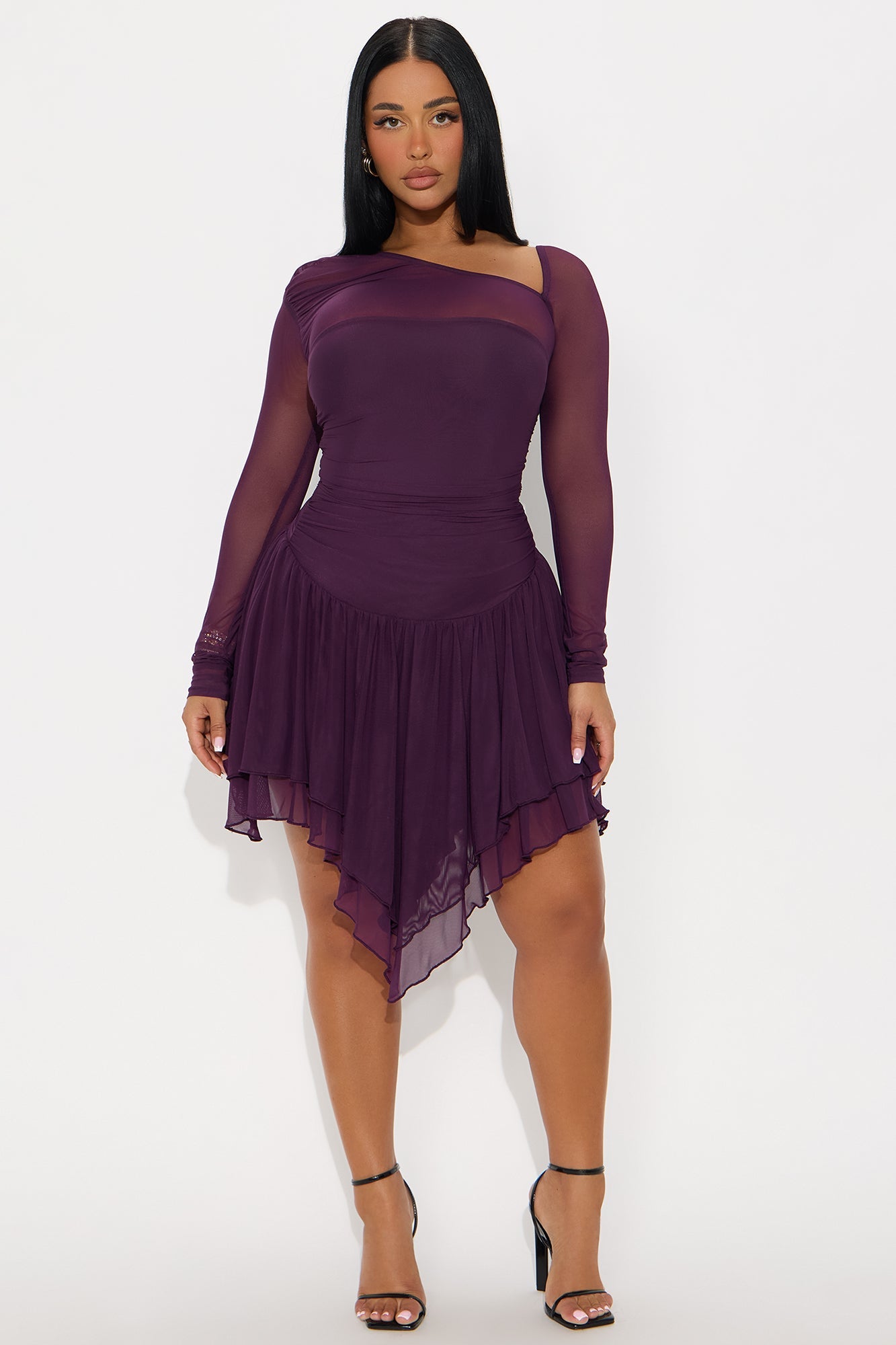 Rowyn Ruched Mesh Mini Dress - Eggplant