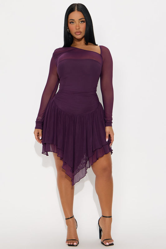 Rowyn Ruched Mesh Mini Dress - Eggplant