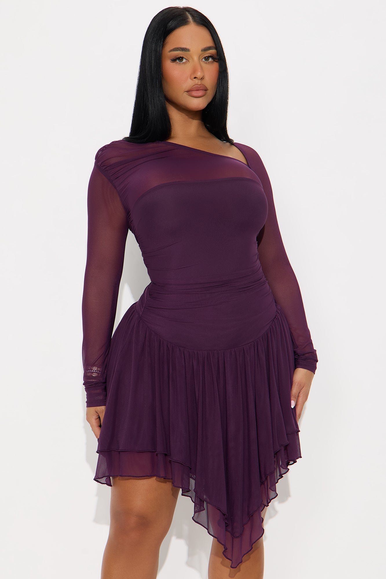 Rowyn Ruched Mesh Mini Dress - Eggplant