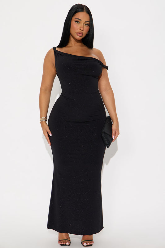 Aven Ruched Glitter Midi Dress - Black