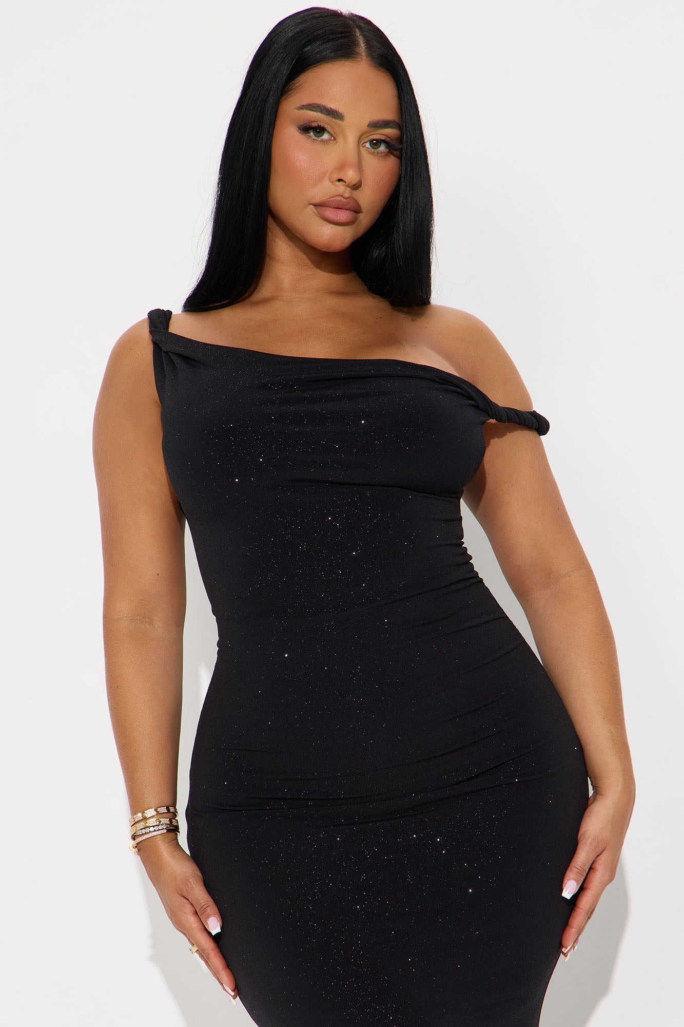 Aven Ruched Glitter Midi Dress - Black
