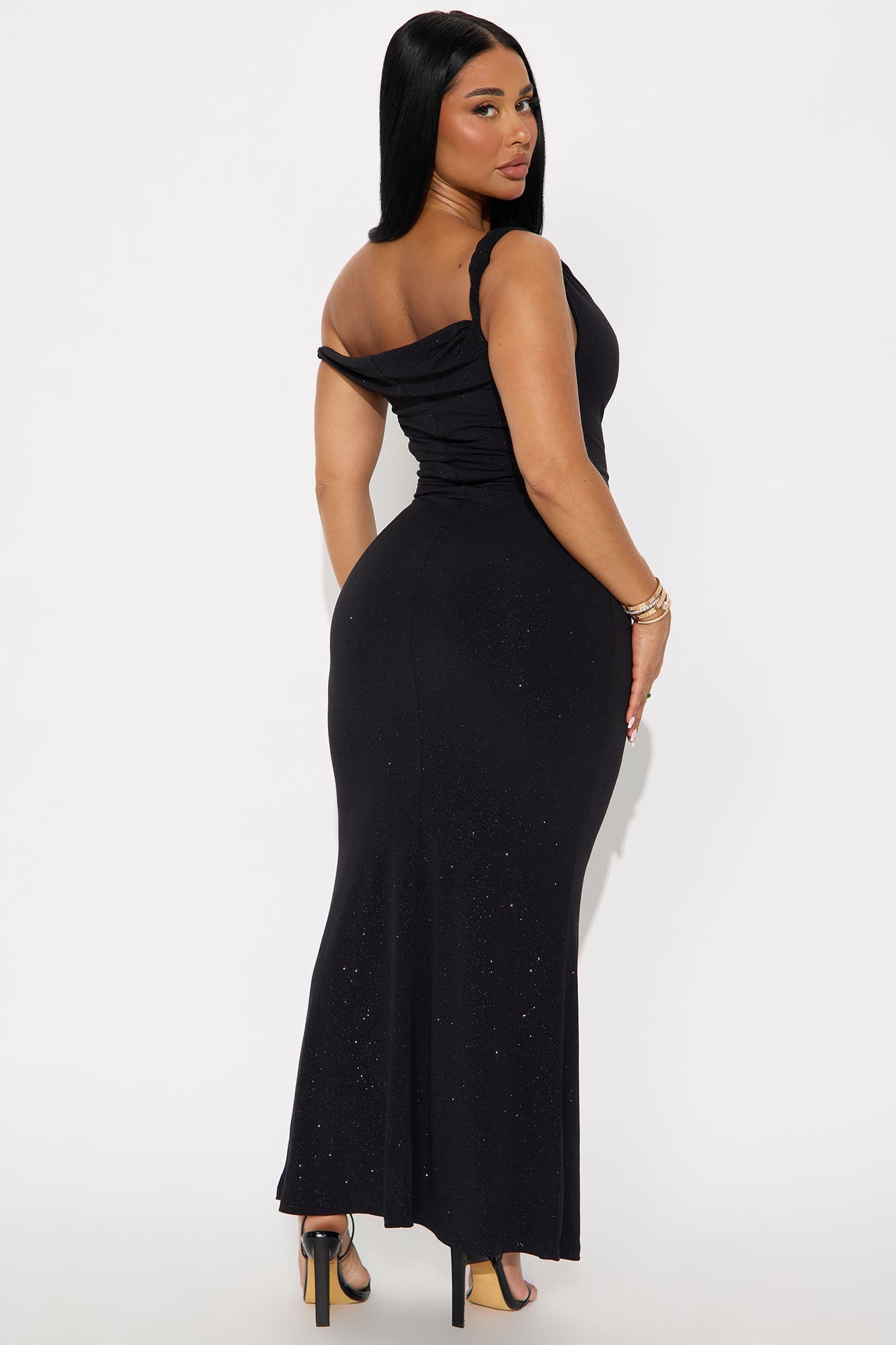 Aven Ruched Glitter Midi Dress - Black
