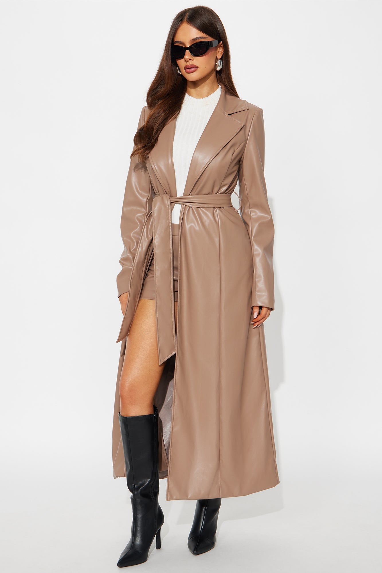 Kiera Faux Leather Trench Coat Short Set - Mocha