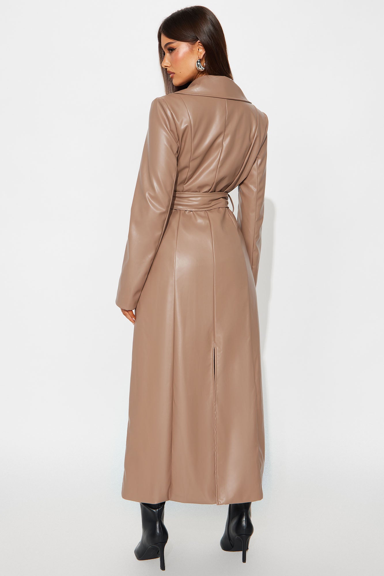 Kiera Faux Leather Trench Coat Short Set - Mocha