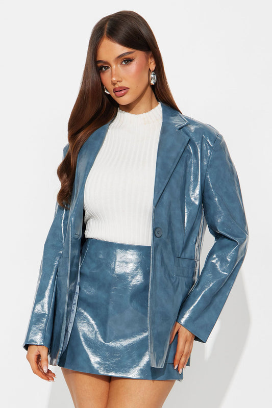 Kaia Patent Leather Jacket Skirt Set - Slate Blue