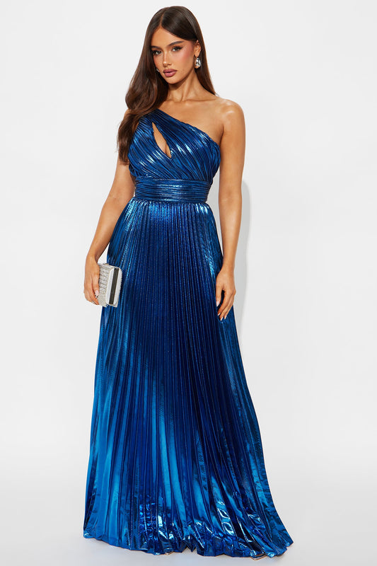 Serena Pleated Metallic Maxi Dress - Royal