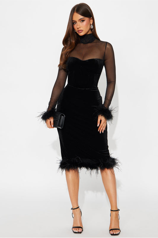 Dream Girl Fur Trim Velvet Midi Dress - Black