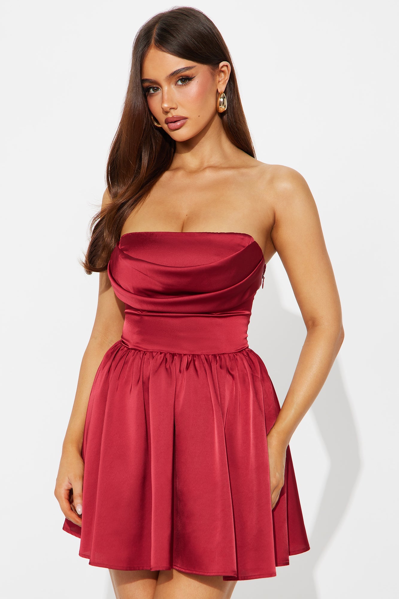 In My Feelings Strapless Satin Mini Dress - Red