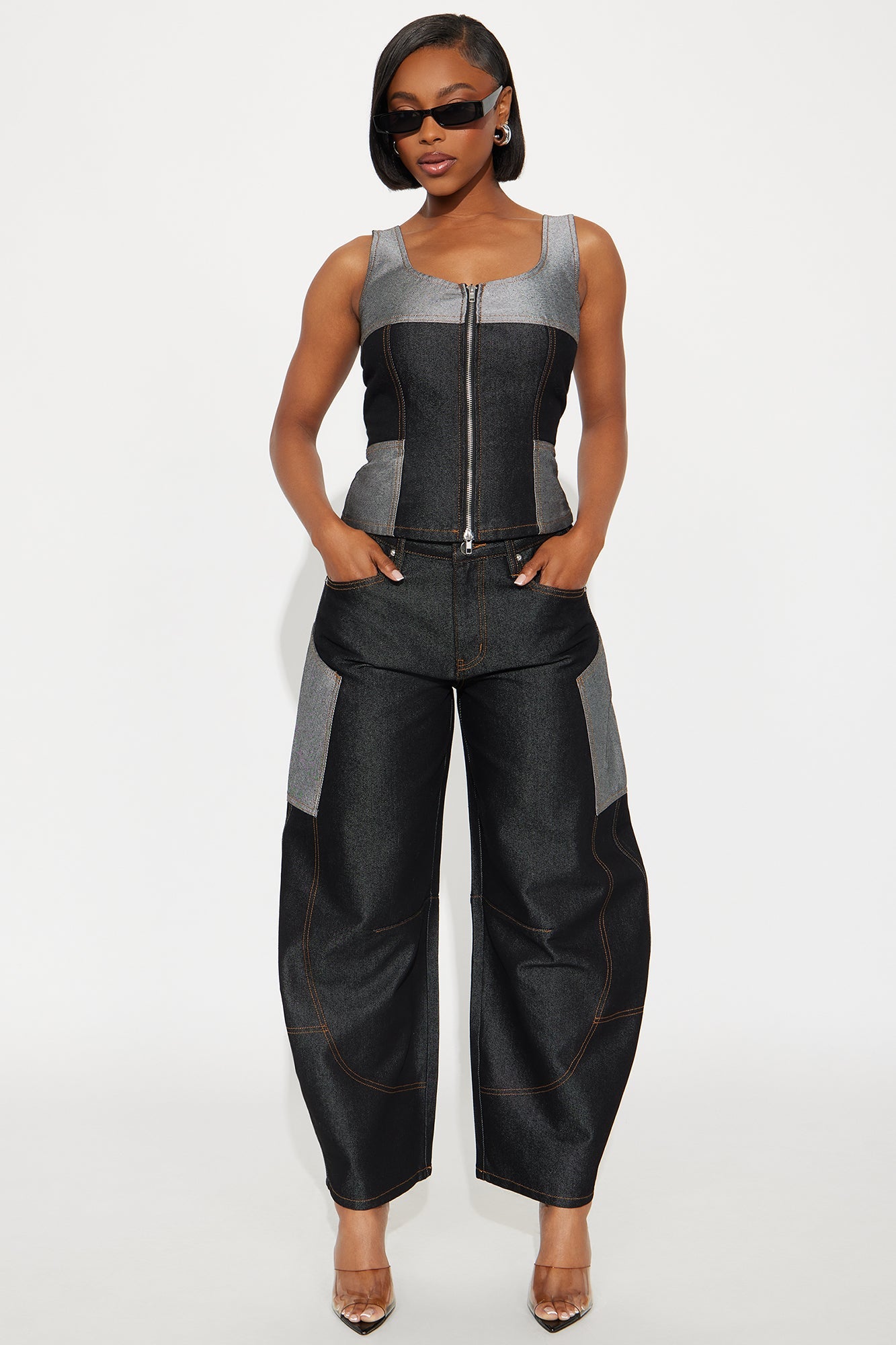 Call Me Later Denim Vest Barrel Leg Pant Set - Dark Wash