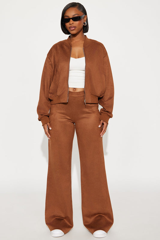 Marley Faux Suede Wide Leg Pant Set - Brown