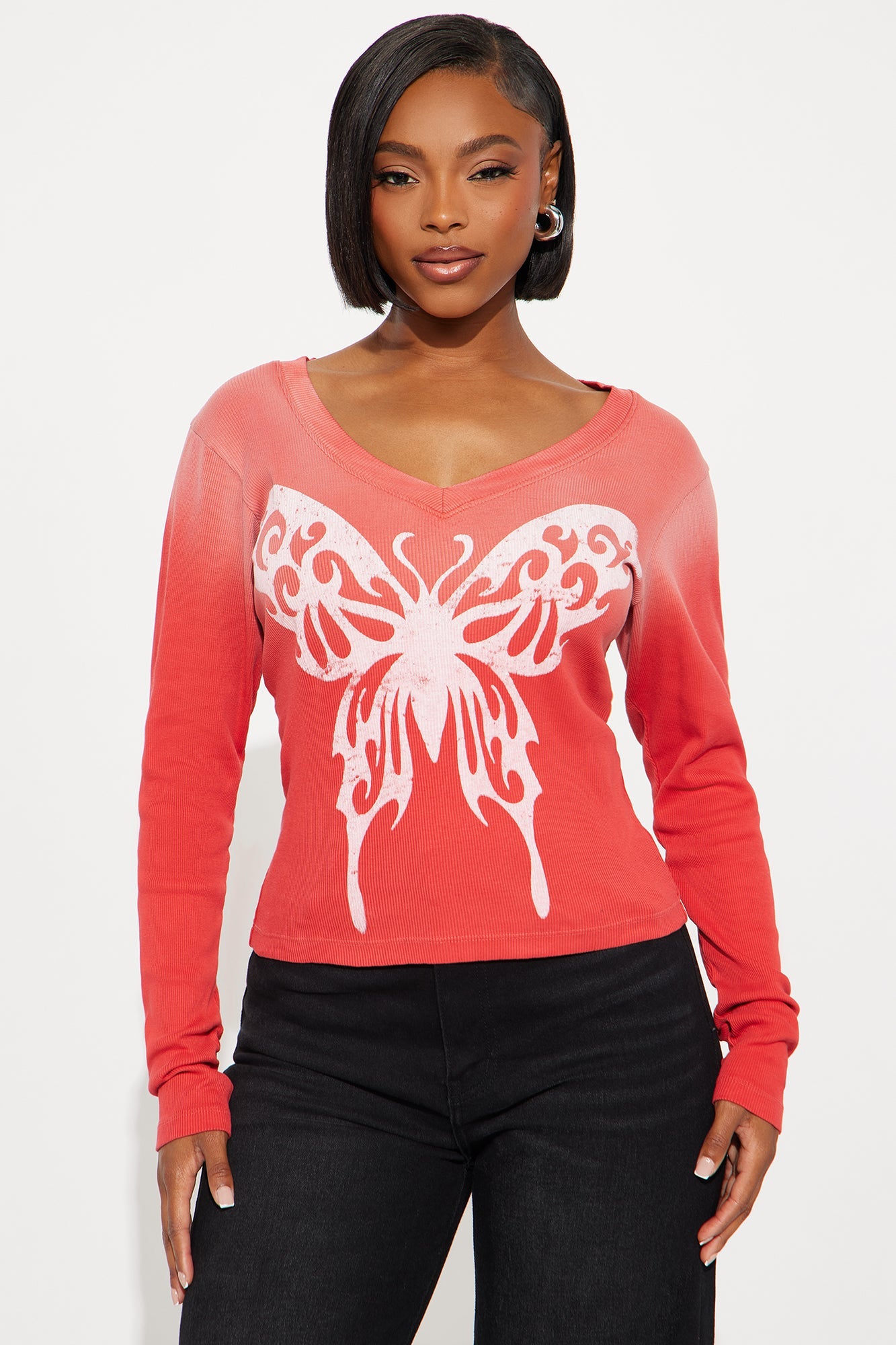 Butterfly Effect Ribbed Long Sleeve Top - Red