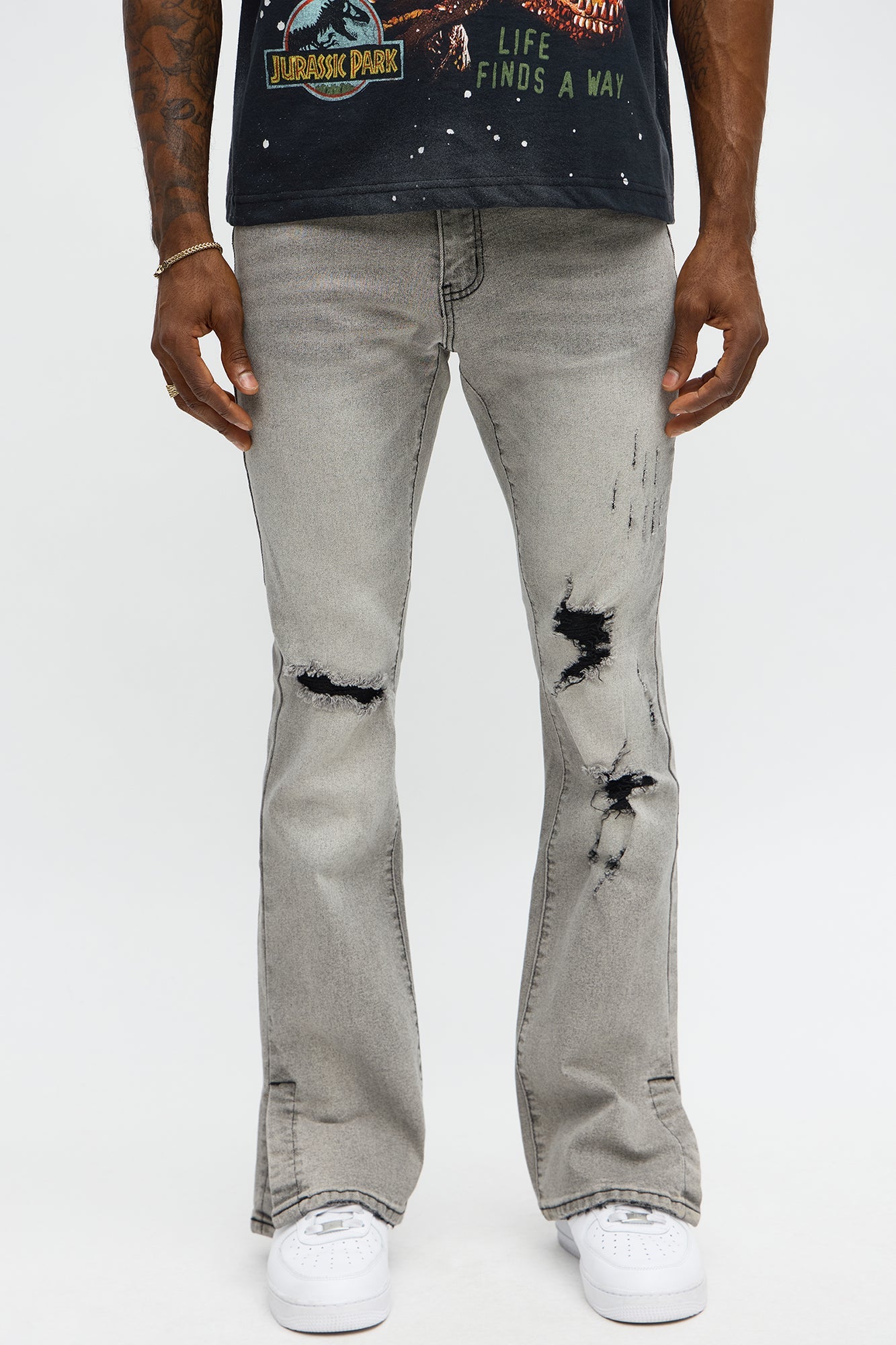 Stacked Skinny Flare Slit Dare Me Distressed Jean - Grey