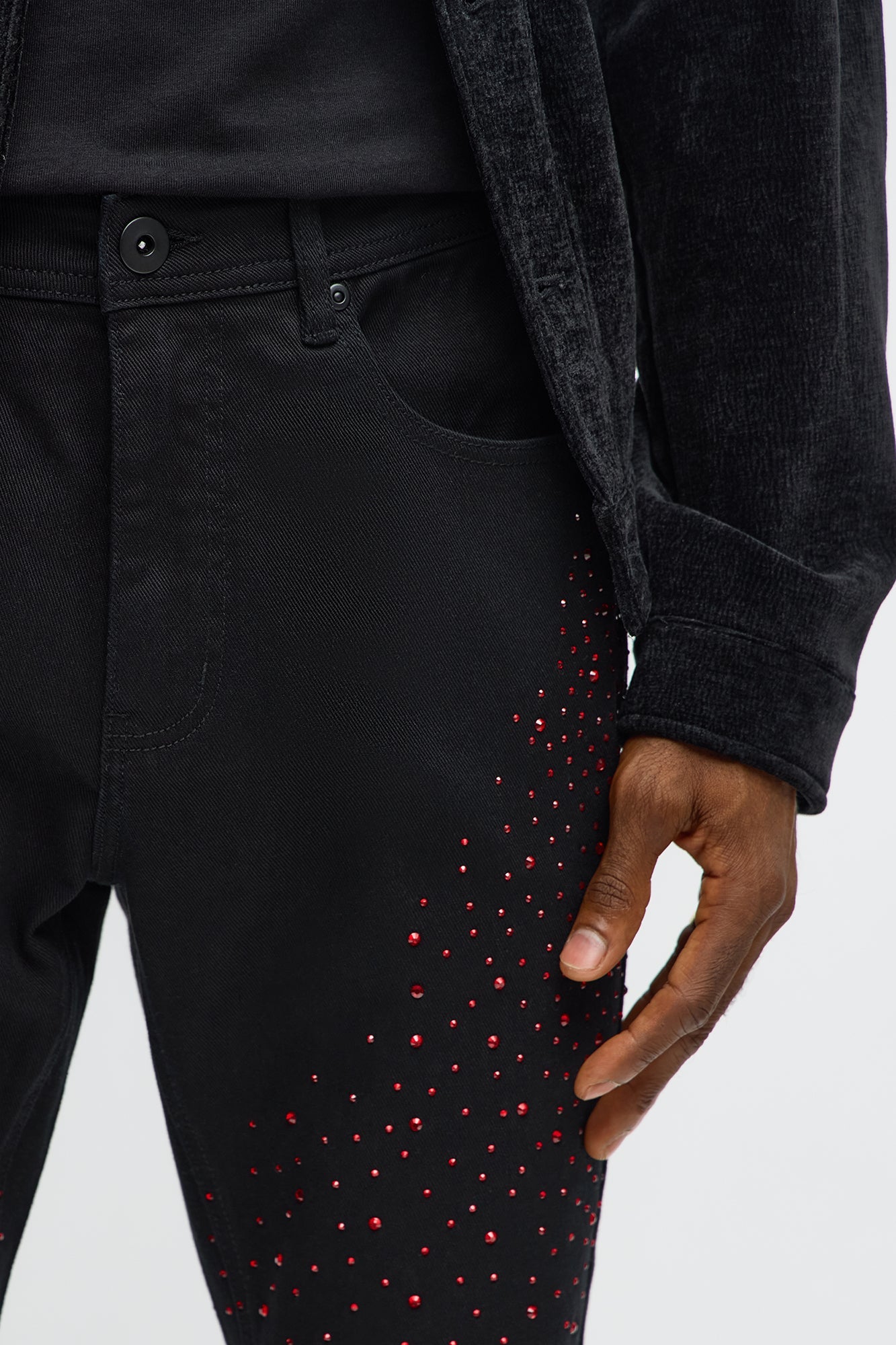 Stacked Skinny Flare Be Jeweled Up Pants - Black/Red