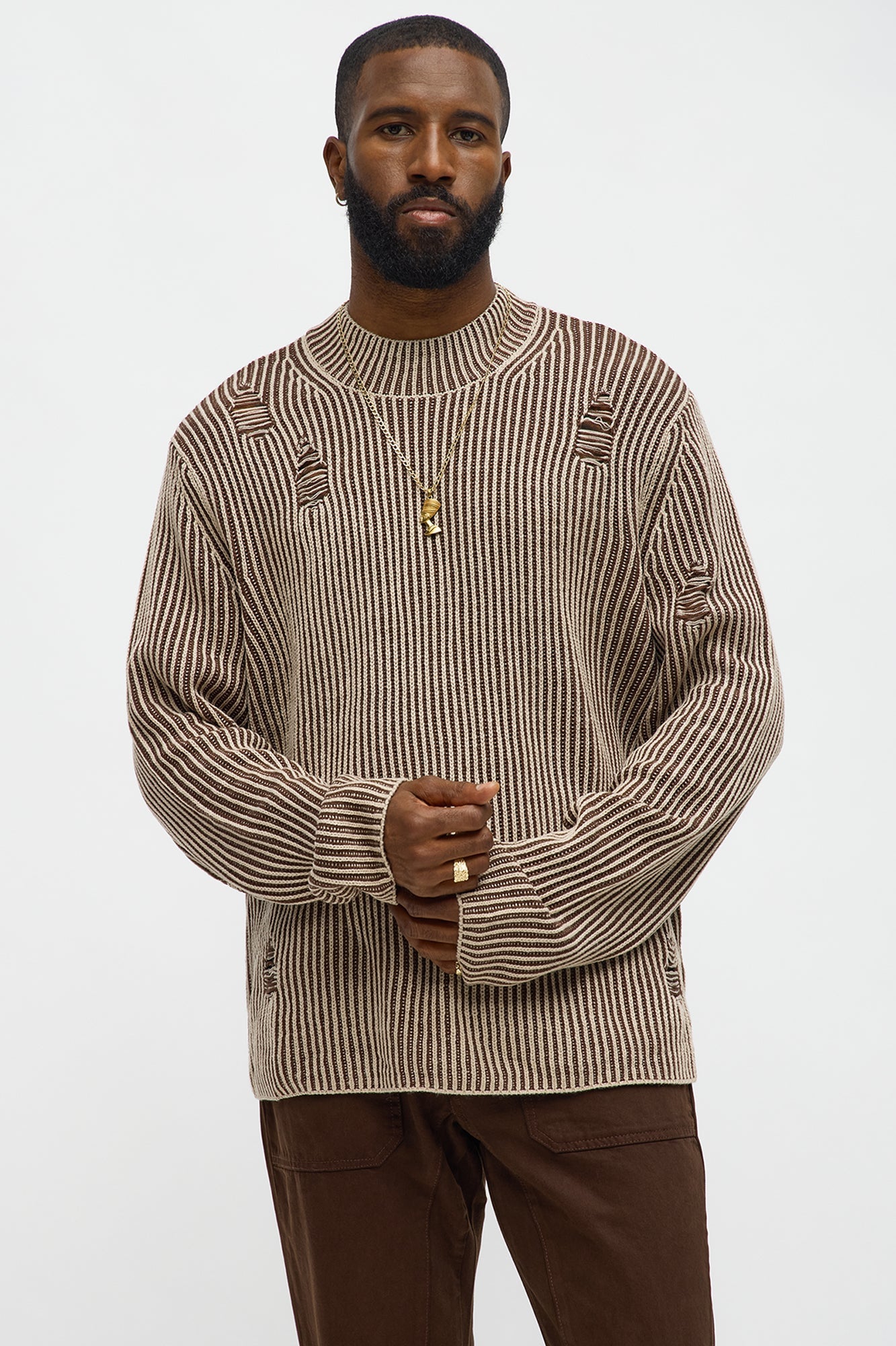 Cedarwood Distressed Mockneck Sweater - Brown Combo