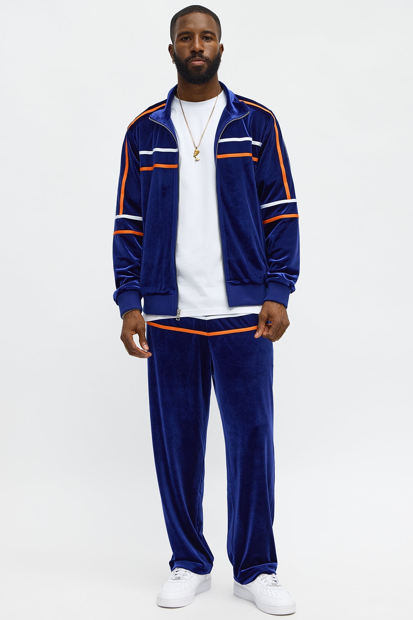 Velour Piped Courtside Straight Track Pant - Navy