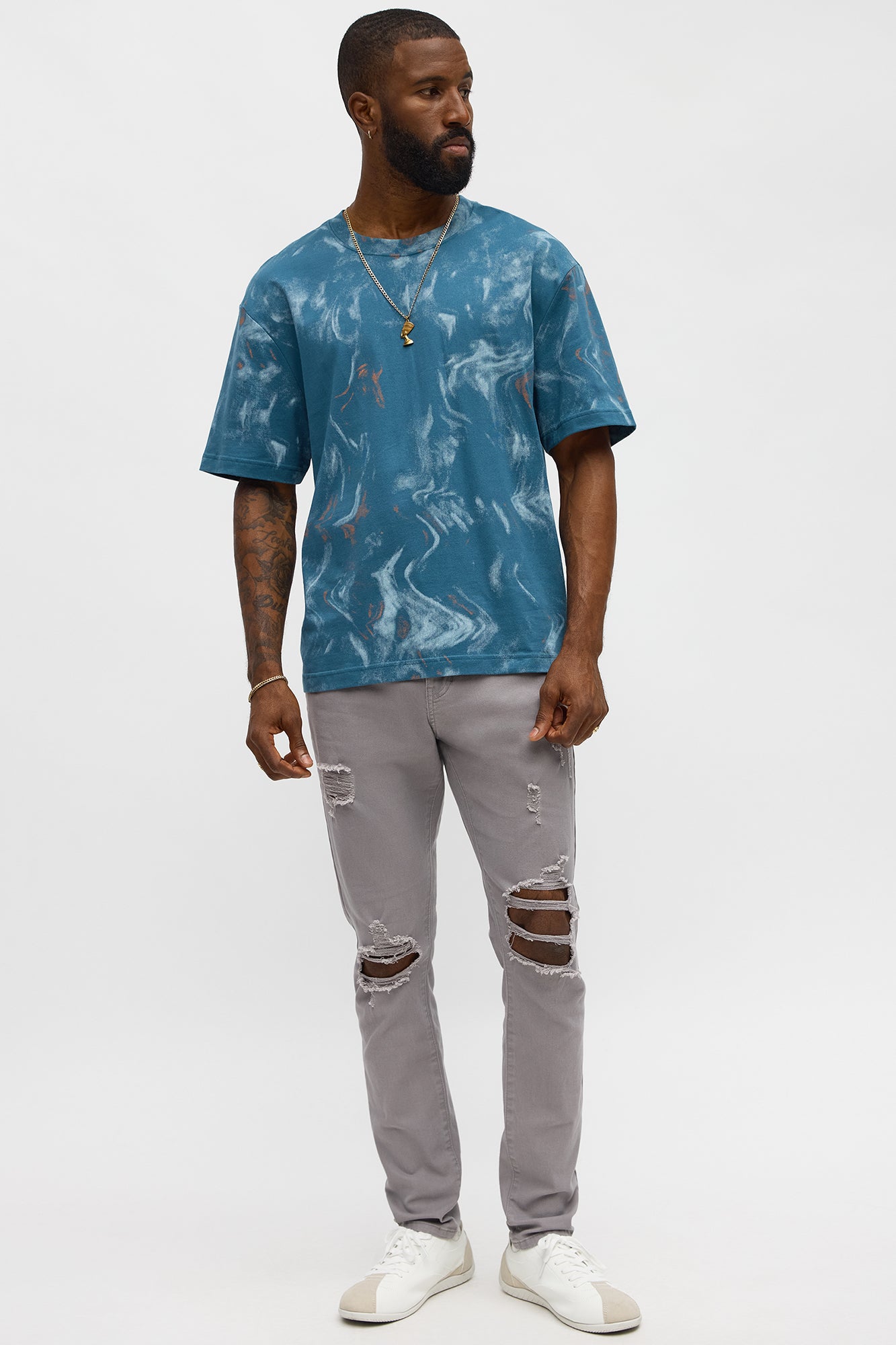 Marble Print Relaxed Tee - Blue/combo