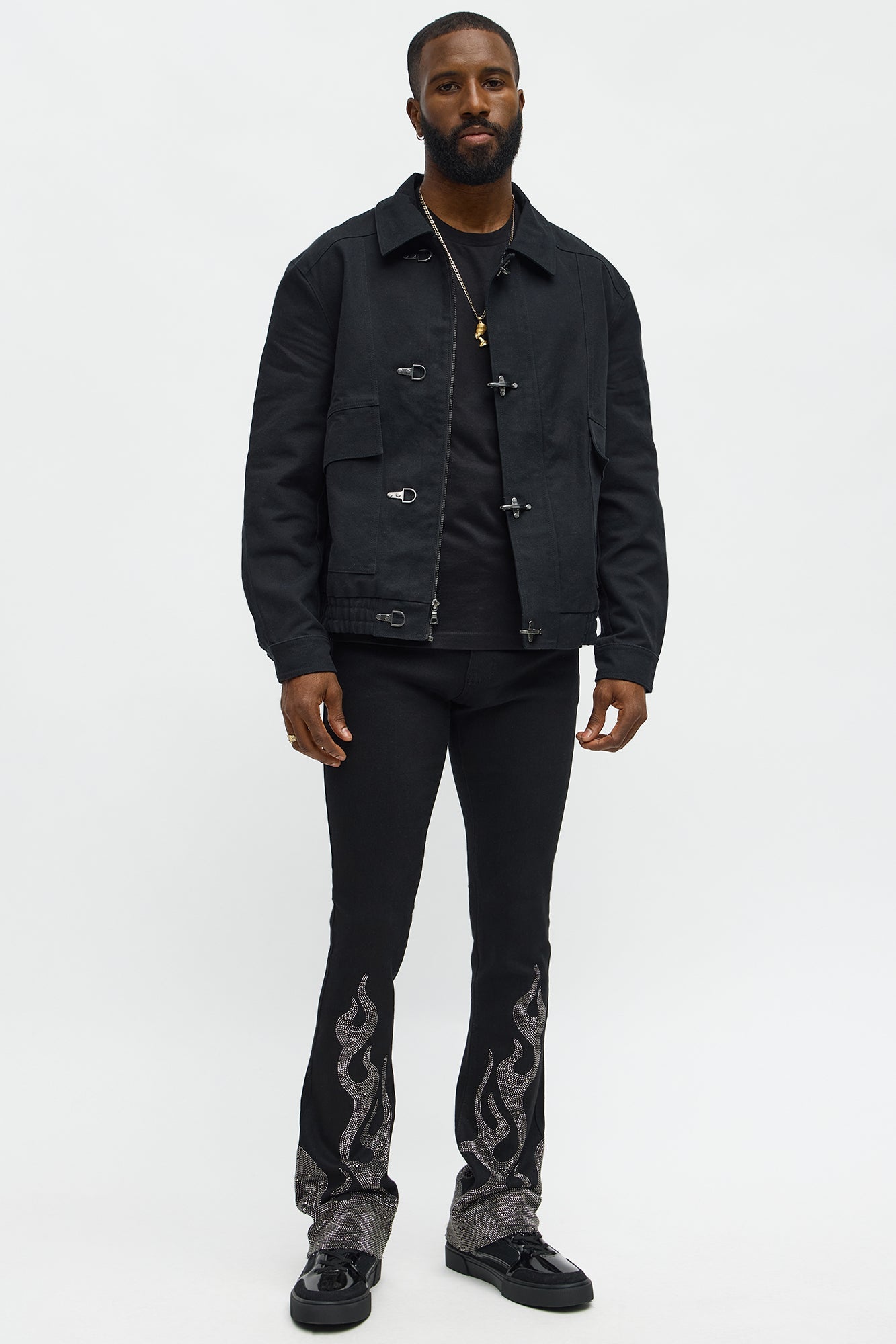 Stacked Skinny Flare Flames Up Jeweled Jean - Black