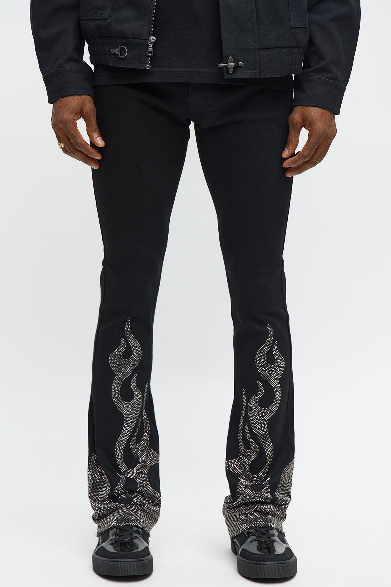 Stacked Skinny Flare Flames Up Jeweled Jean - Black