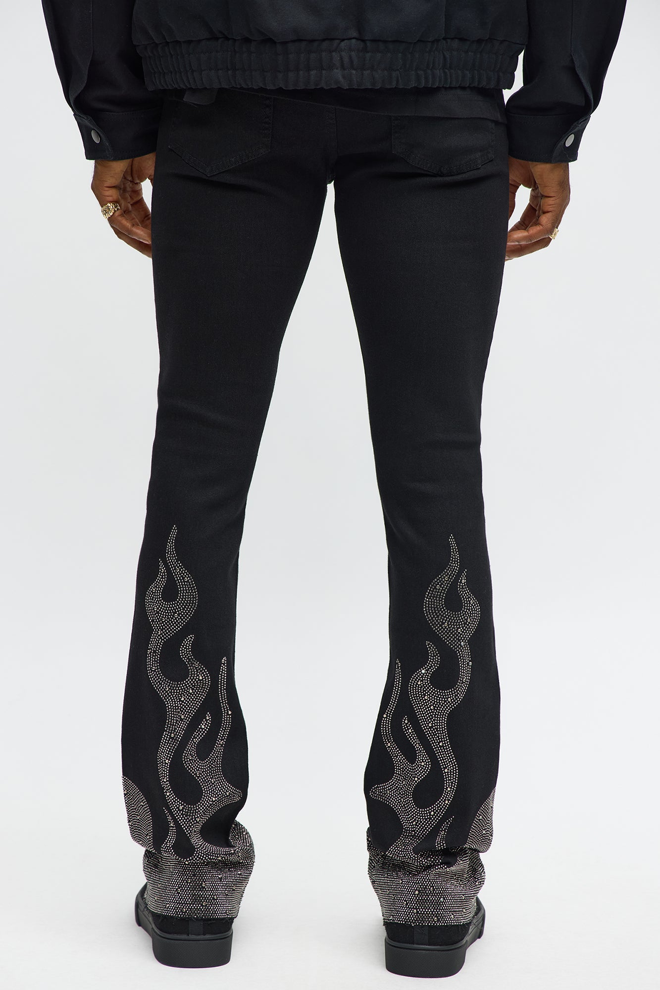 Stacked Skinny Flare Flames Up Jeweled Jean - Black