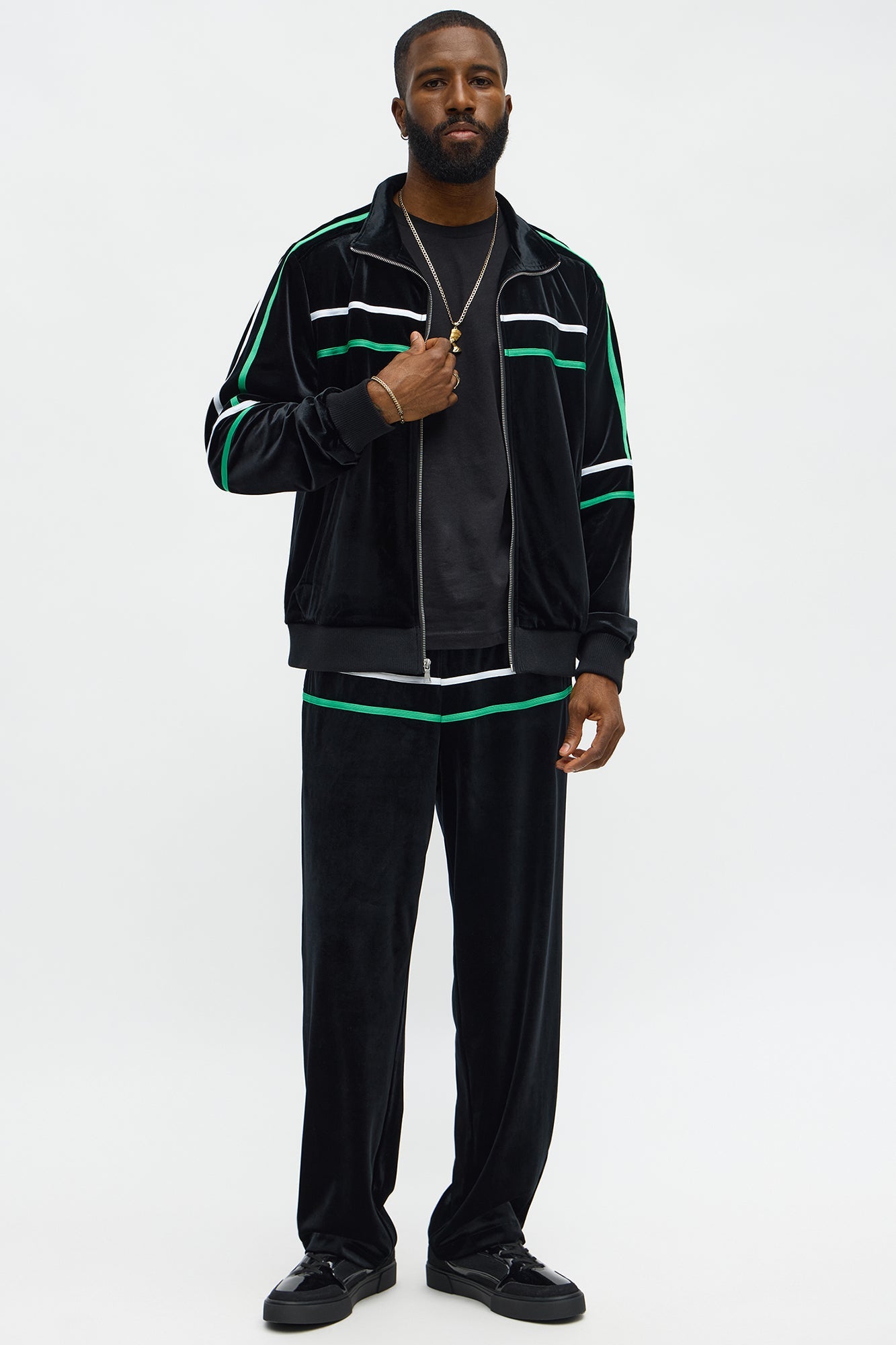 Velour Piped Courtside Track Jacket - Black/Green