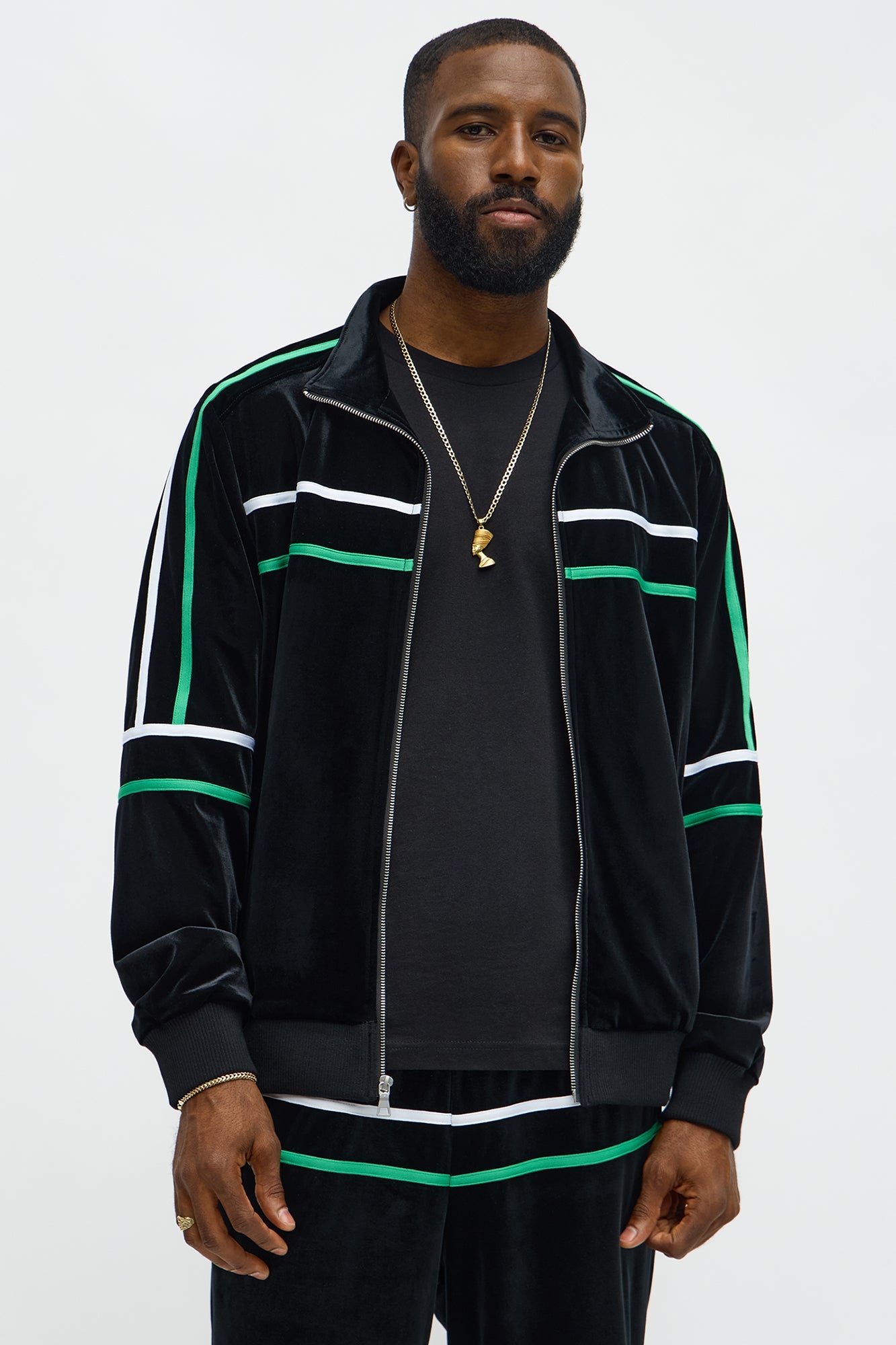 Velour Piped Courtside Track Jacket - Black/Green