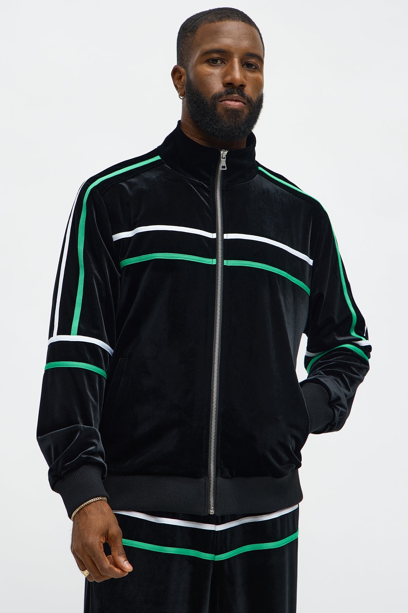 Velour Piped Courtside Track Jacket - Black/Green