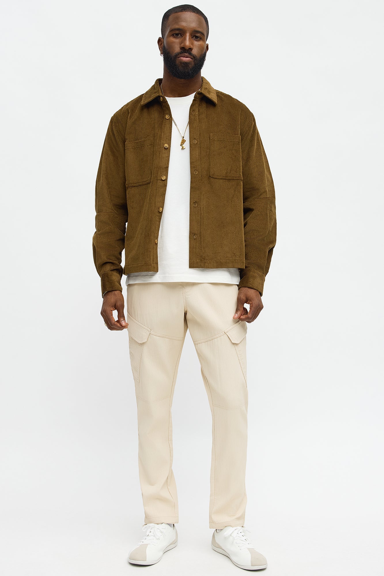 Cropped Corduroy Button Up Shirt - Brown