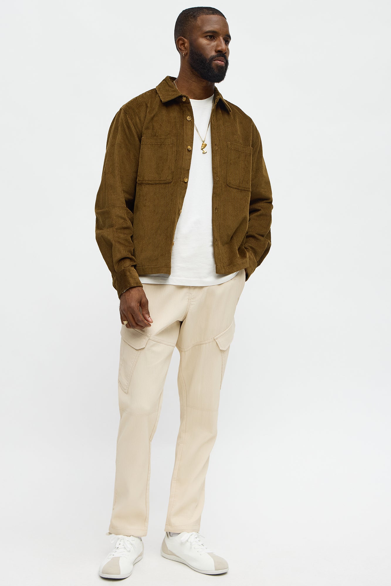 Slim Slanted Cargo Ribbed Pants - Cream